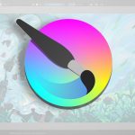 Un pincel dibuja un arcoiris en un límite redondo. Logo de Krita