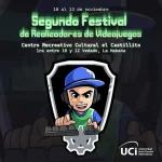 Joven juega videojuegos. Logotipo de Segundo Festival de Realizadores de videojuegos