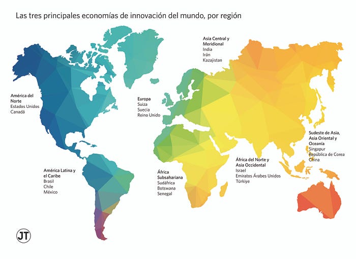 Mapa de las tres principales economías de innovación del mundo, por región