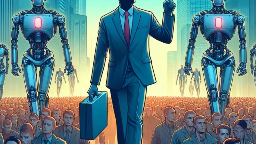 Hombre ejecutivo flanqueado por dos robots