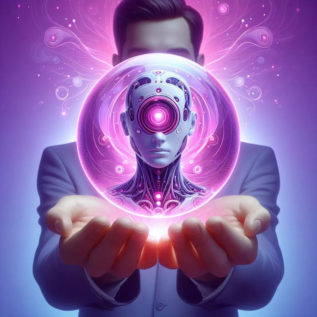 Hombre toma entre sus manos una bola de cristal donde flota un cyborg