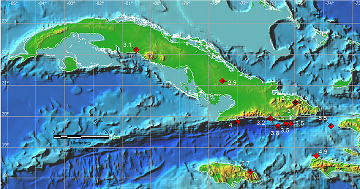 Mapa de los sismos perceptibles en Cuba en 2023