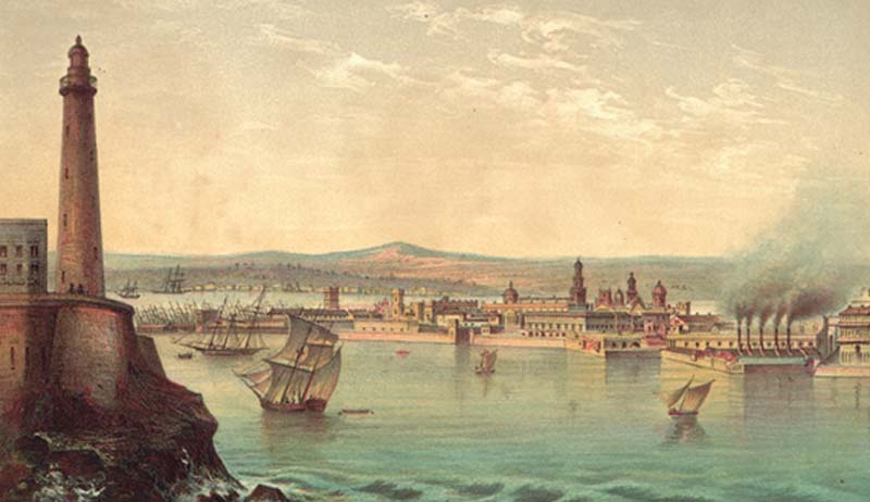 Entrada de la Bahía de La Habana a mediados del siglo XIX, en primer plano el Castillo del Morro y su Faro, litografía de Bernardo May y Compañía en "Álbum Pintoresco de la Isla de Cuba", (1853).