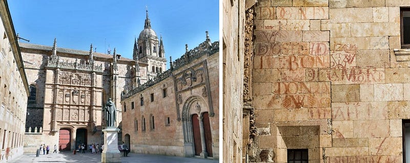 Universidad de Salamanca; la más antigua de España. Patio de Escuelas y vítores de graduados escritos con sangre de toro.