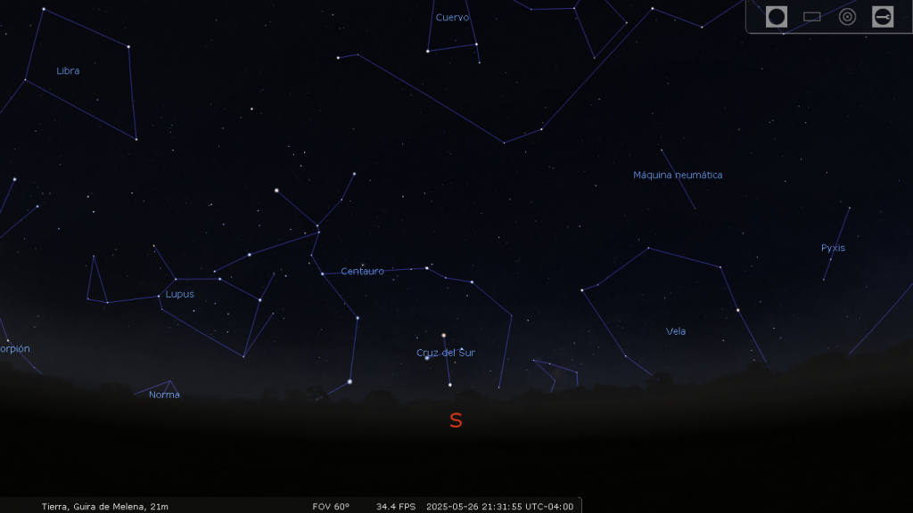Figura 2: Captura de pantalla del horizonte sur en el software Stellarium donde se aprecia la Cruz de Mayo