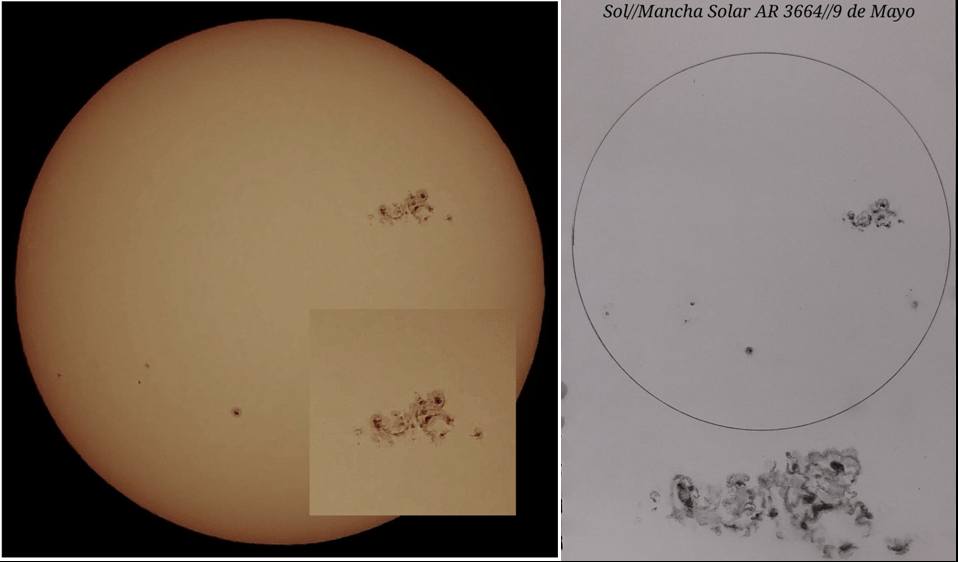 Foto del disco solar (izquierda) y dibujo (derecha). Puede verse ampliada la región que activa AR3664, la cual provocó una tormenta geomagnética de gran intensidad en 2024./Cortesía de la astrónoma amateur argentina Piqui Díaz