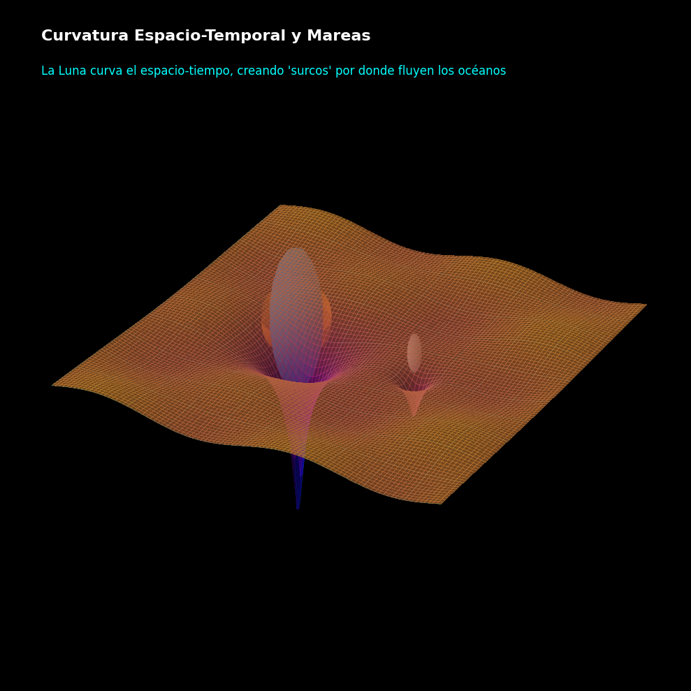 La Tierra y la Luna (sus dimensiones están alteradas para visualizar el abultamiento causado por las mareas) deformando el espacio-tiempo/Imagen generada en Python por el autor