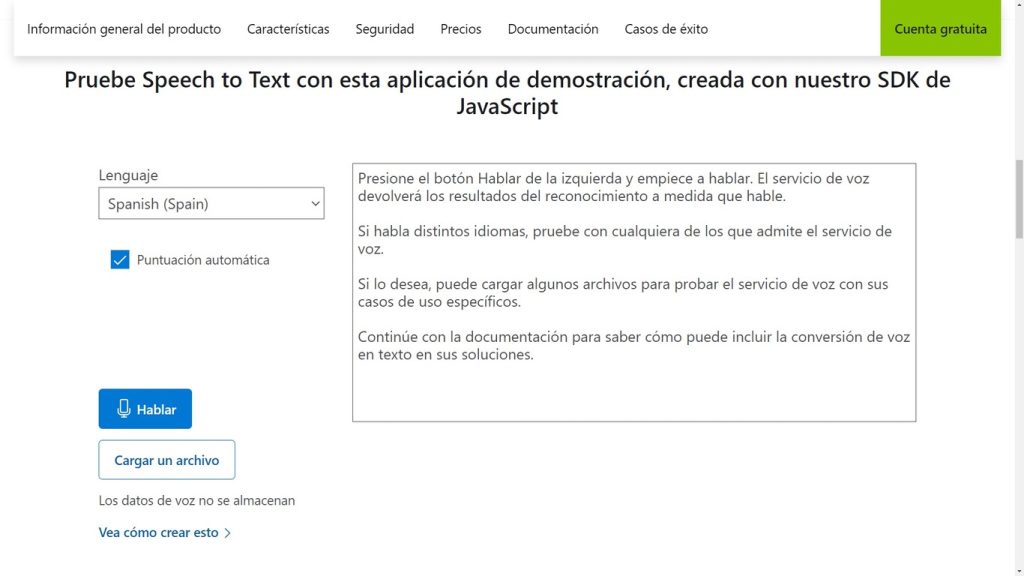 Microsoft Speech to text ofrece una demostración de su tecnología de reconocimiento de voz que sirve para transcribir audio a texto en vivo