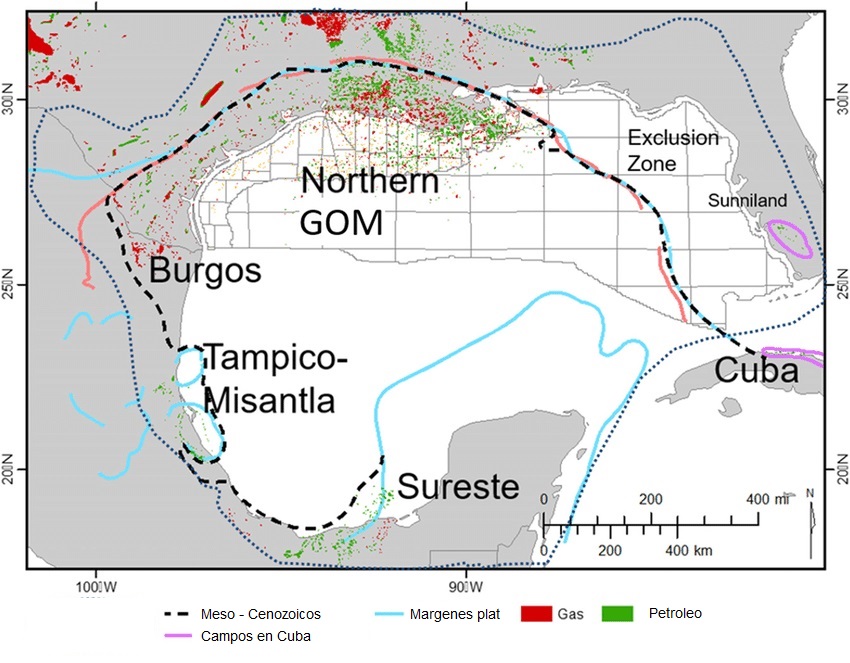 Yacimientos de petróleo y gas en la megacuenca del Golfo de México.